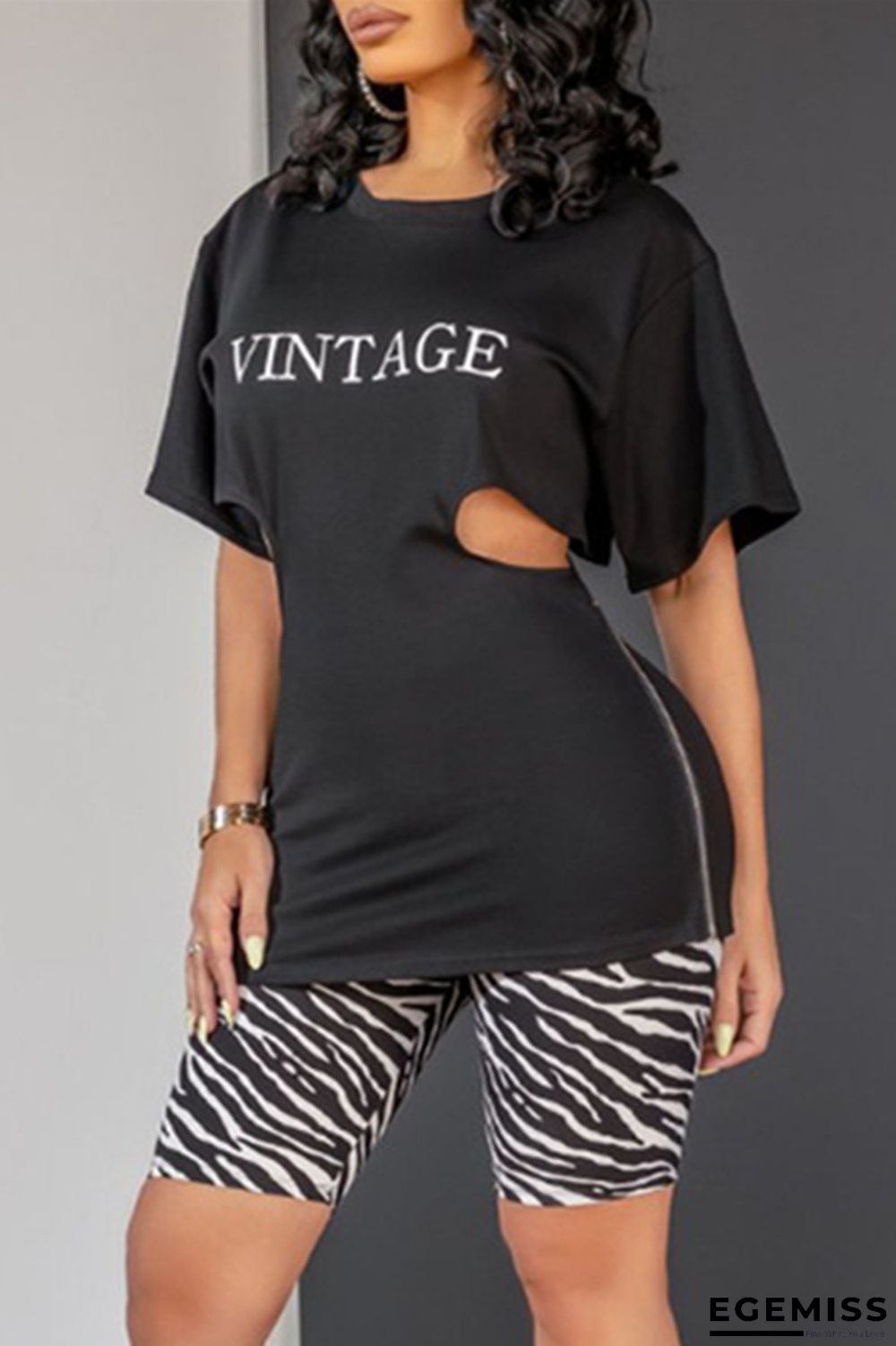 Black Fashion Casual Letter Print Hollowed Out O Neck Short Sleeve Two Pieces | EGEMISS