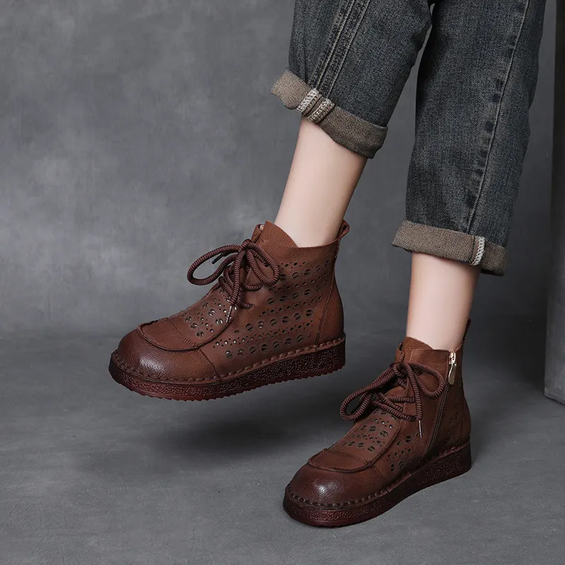 Yyvonne Layer Of Cowhair Retro Hollow High Help Cool Boots Women's Shoes 2025 New Comfortable Flat Bottoms