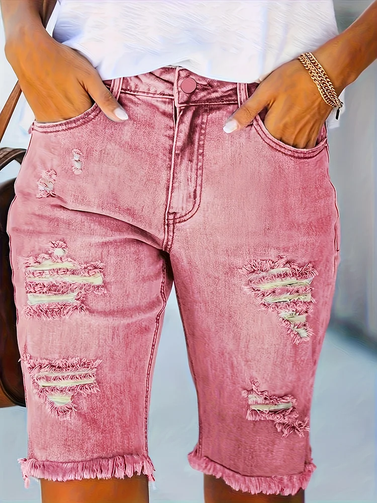 Women's Stretchy Ripped Jean Shorts - High Waist, Casual Summer, Five Points Denim For Comfortable Wear, Pink Jeans For Y2k