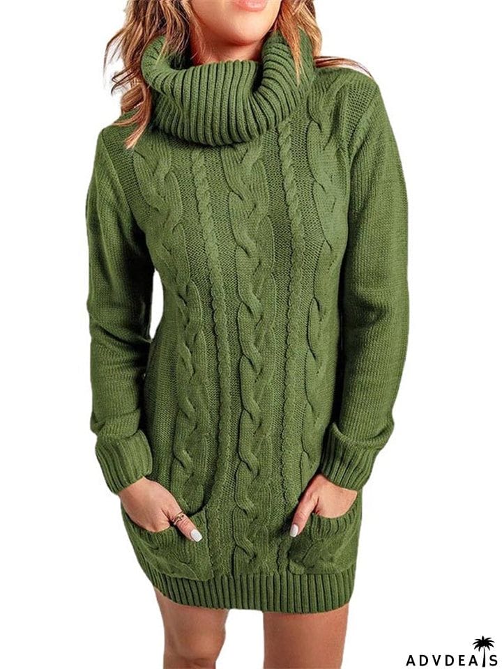 Casual Turtle Neck Knitted Sweater Dresses