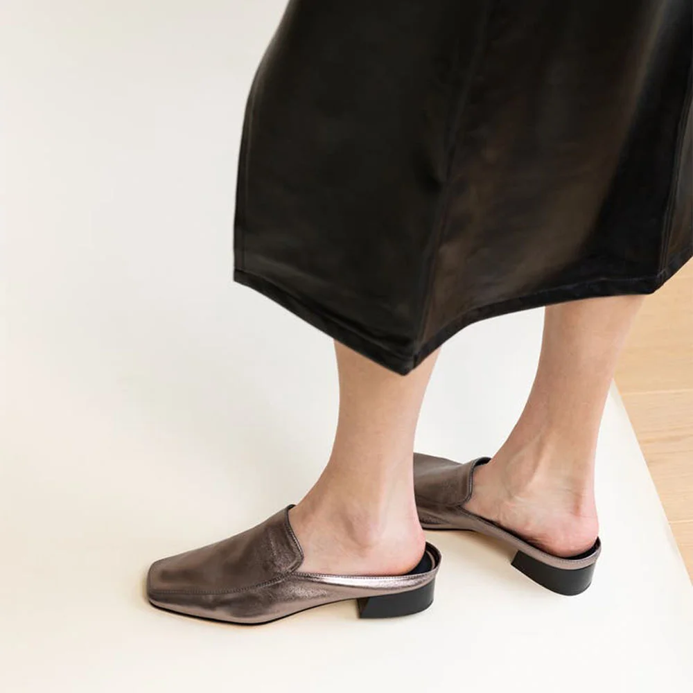 Saddle Brown Square Toe Loafer Style Block Heel Mules Shoes