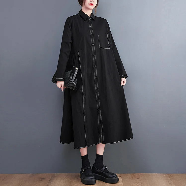 Loose Solid Color Long Sleeve Midi Dress - yankia