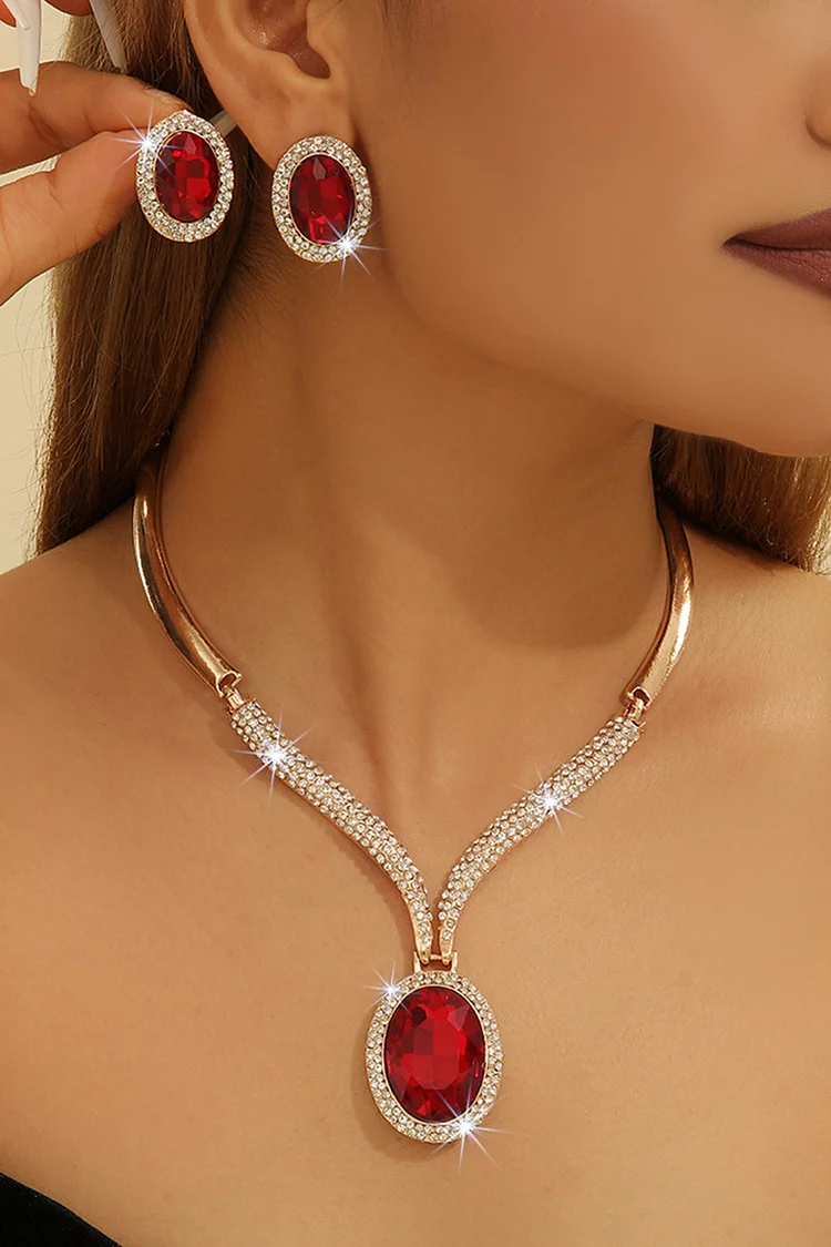 Fashion Alloy Rhinestone Geometric Necklace Earrings Jewelry Set 2024 - Xpluswear