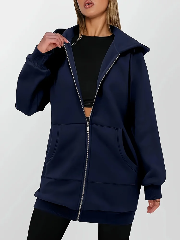 Women's Navy Blue Geometric Pattern Hoodie - Stylish Zip-Up Pullover With Front Pocket, Long Sleeves, And Ribbed Cuffs For Fall & Spring, Autumn Casual Wear | Hooded Sweatshirt | Construction, Sweater Hoodie