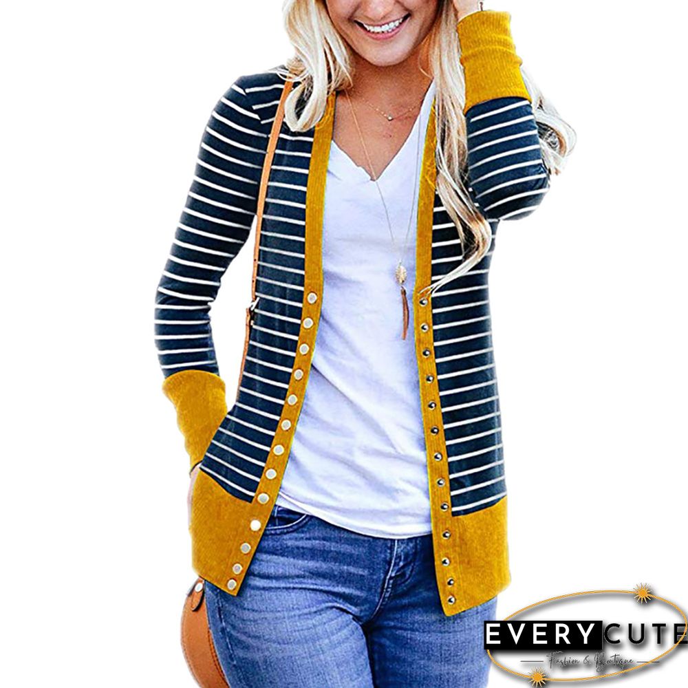 Yellow Hem Black Stripes Button Down Cardigan