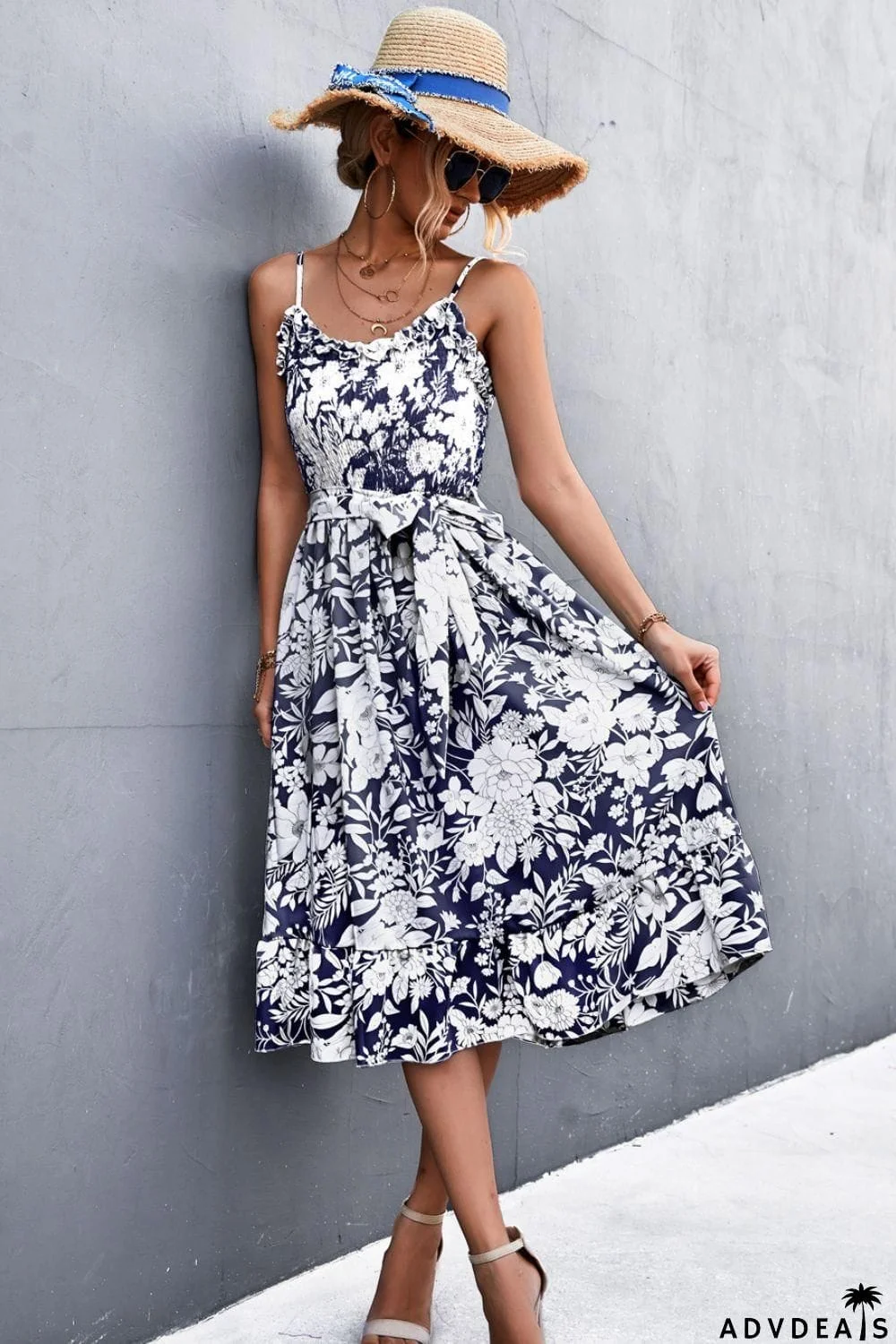 Floral Frill Trim Scoop Neck Spaghetti Strap Dress