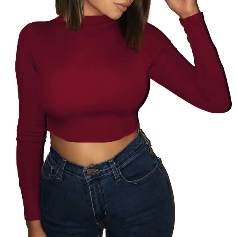 Women's Summer Sexy Slim Simple Solid Color Slim Fit Crop Long Sleeve T-Shirt Women