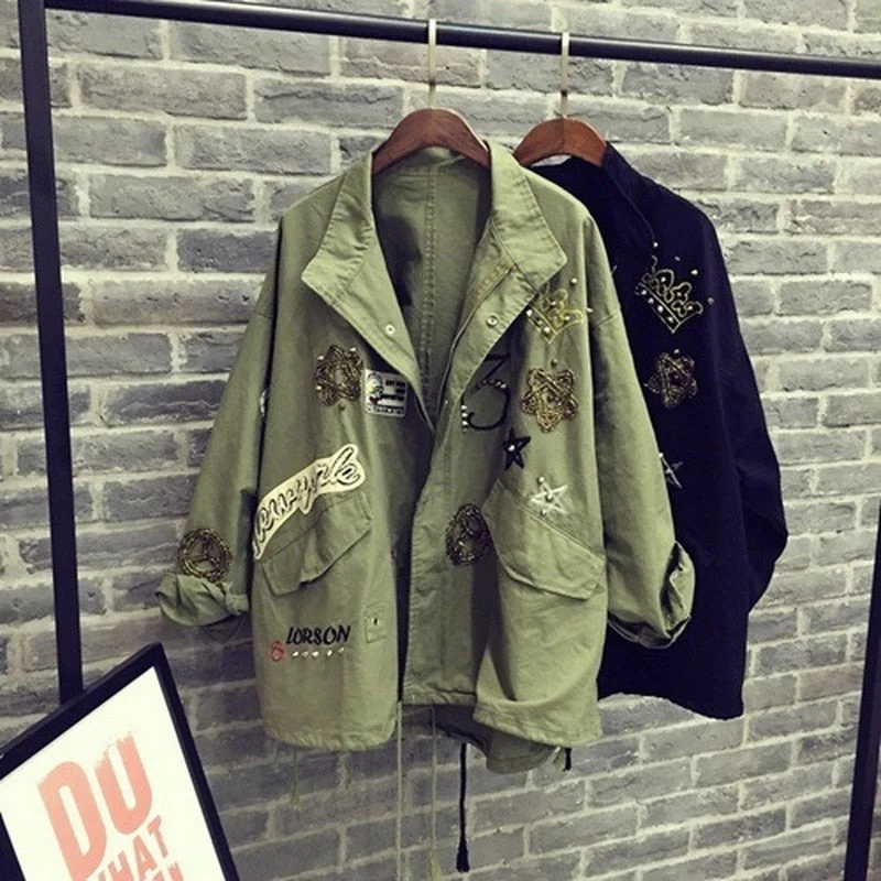 2021 Women Cotton Jacket Coat Casual Women Bomber jacket Embroidery Applique Rivets Oversize Women Coat Army Green Cotton Coat