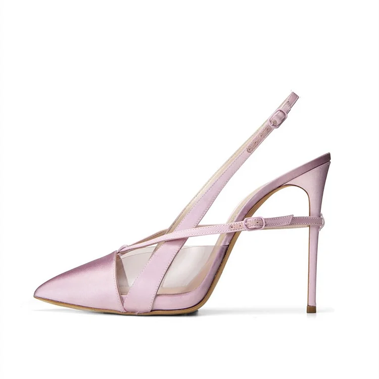 Light Purple Pointy Toe PVC and Satin Fashion Slingback Heels Sandals |FSJ Shoes