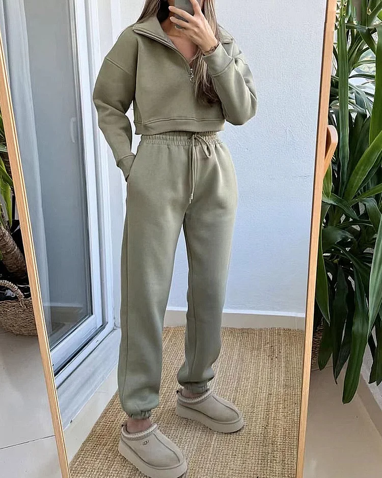 Solid Color Zipper Short Sweatshirt & Sweatpants Two-piece Set