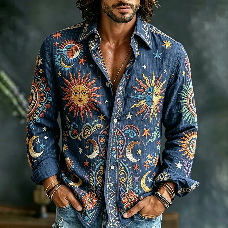 Men's Vintage Spring Floral In Hippie Vibe Embroidered Art Print Flowy Linen Blend Casual Shirt