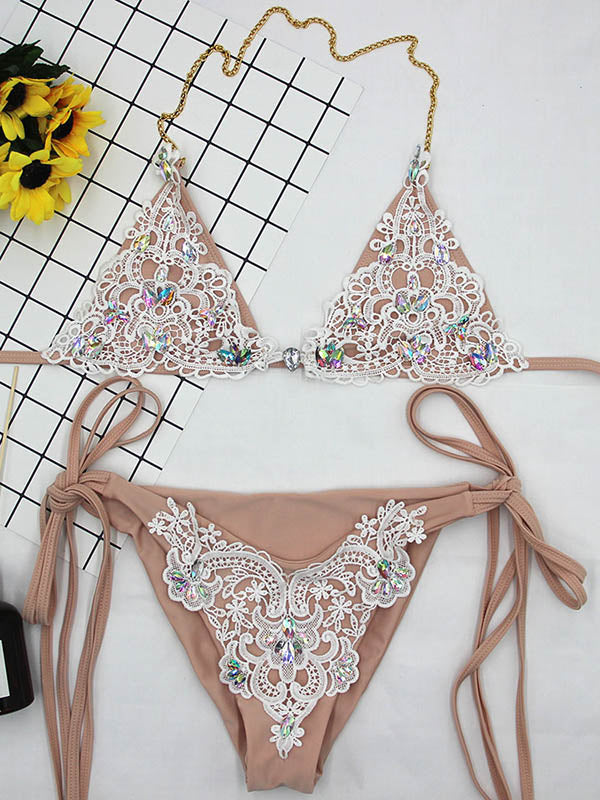 Embellished Lace Triangles Split Bikini Swimsuit