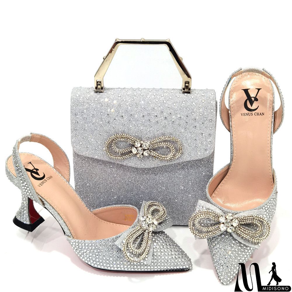 MidiSono - Women Fashion Pointed Toe Rhinestone High Heel Sandals With Evening Bag Set