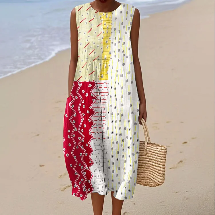 Women's Vintage Abstract Geometric Color Blocks Art Print Sleeveless Cotton Pocket Wrap Dress