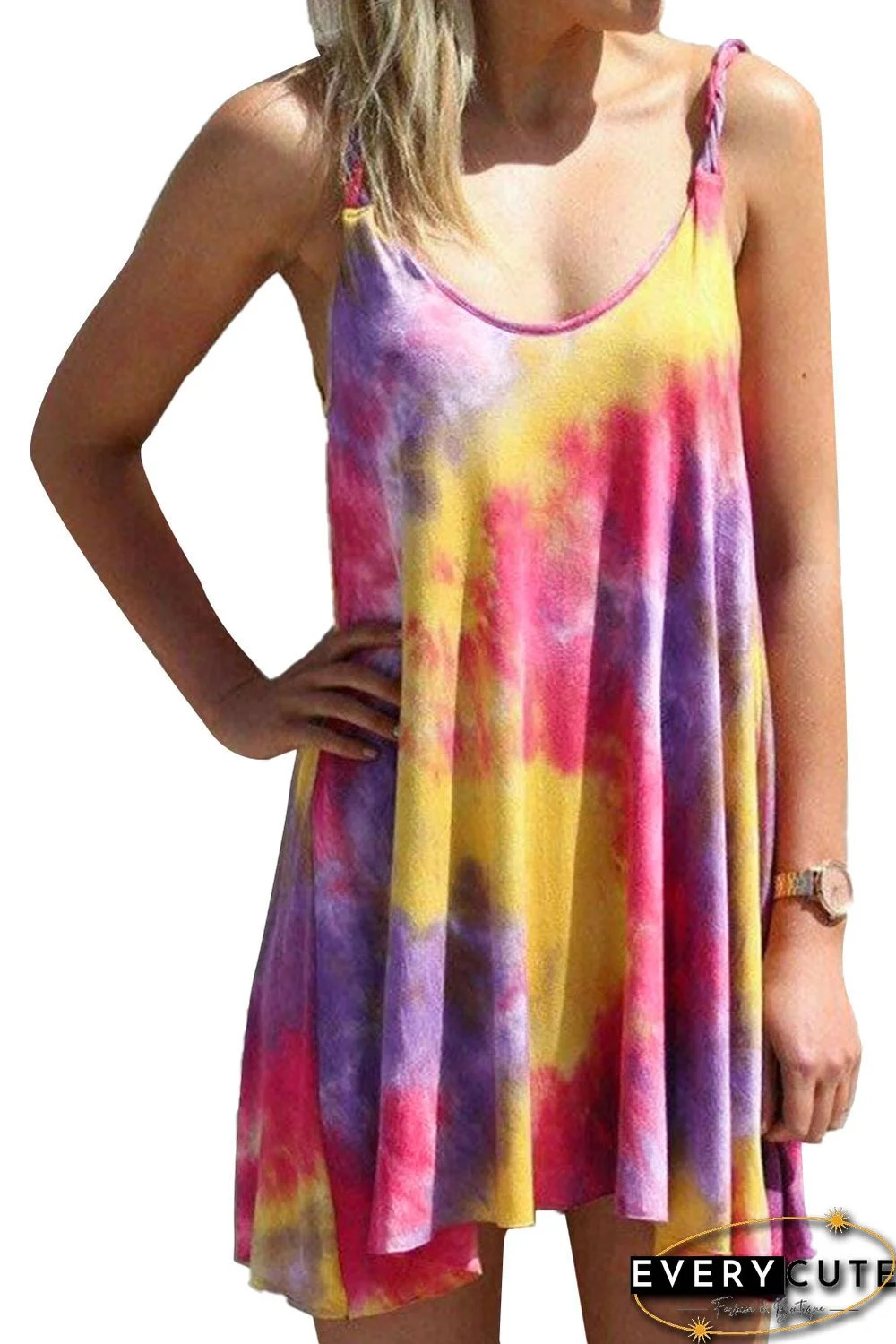 Rose U Neck Gradient Color Printed Sling Sleeveless Swing Mini Dress