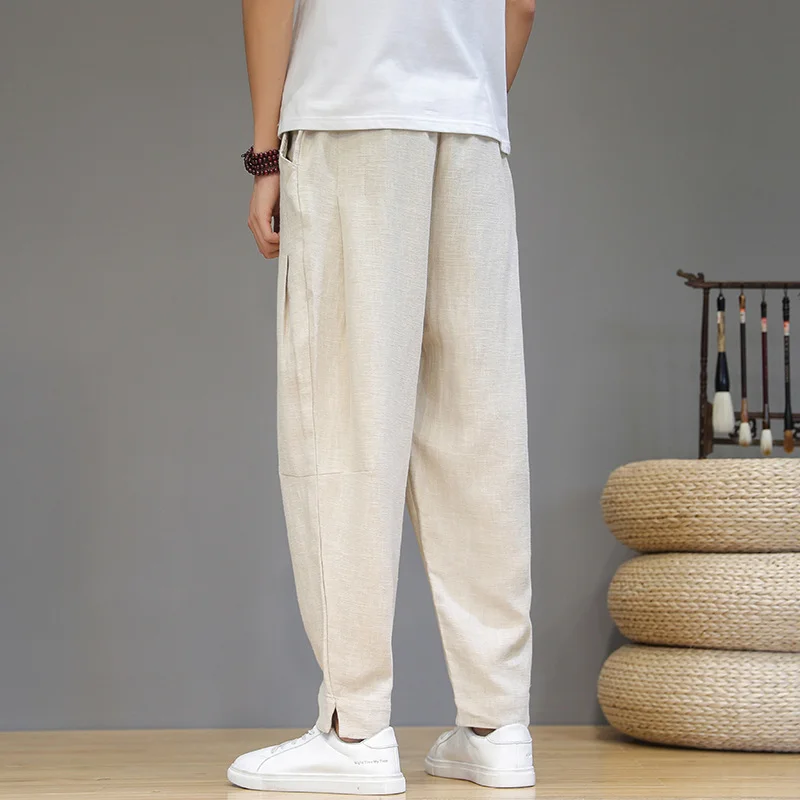 Toloer Vintage Plus Size Pants Men Cotton Linen Casual Pants Loose Plus Size Small Feet Harun Pants Solid Color Linen Trousers Men-Outfit Ideas