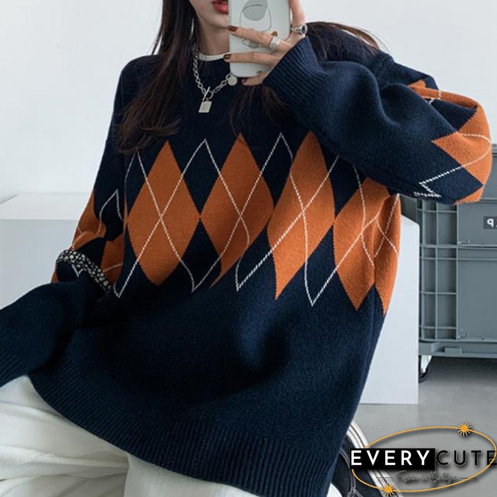 Women Argyle Knitted Sweater Autumn Winter O Neck Oversized Pullovers Korean Preppy Style Loose Jumper Female Sweaters