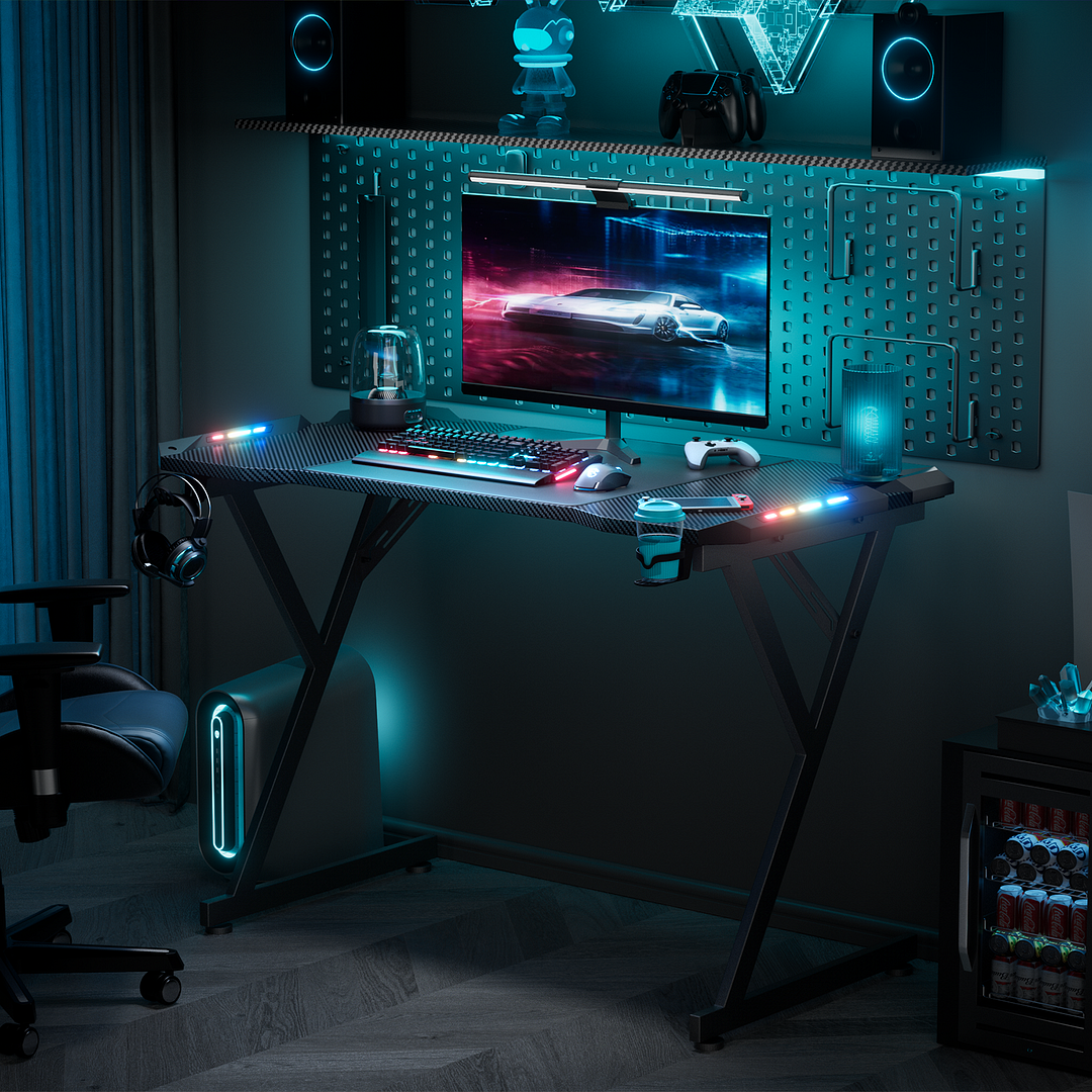 Bureau de jeu HLONONE avec éclairage LED, grande table d'ordinateur avec  plateau en