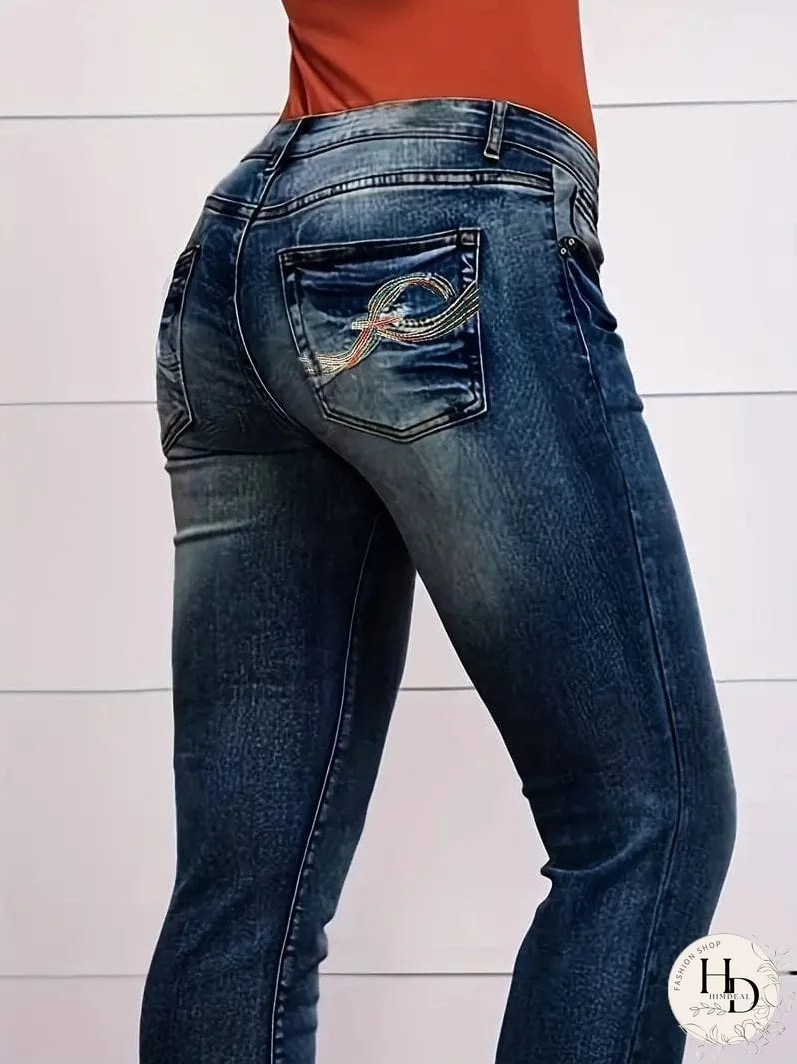 Vintage Embroidered Patchwork Bootcut Button Side Split Denim Jeans