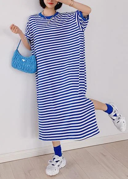 Style blue striped tunic dress o neck side open Plus Size Dresses