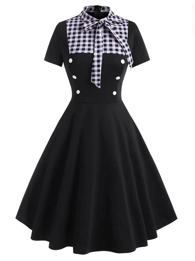 1950s Plaid Patchwork Bowknot Dress