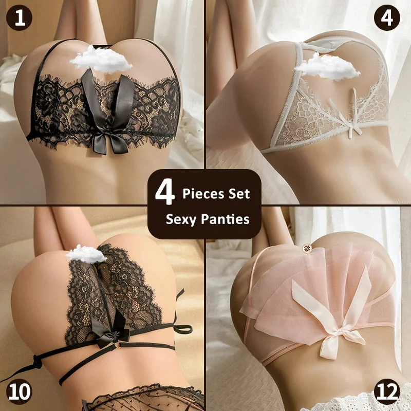 16 Types Of Porno Open Crotch Sexy Panties Lace See Through String Briefs 4 Pcs Set Cute Bow Knot Thong Sex Underwear For Women