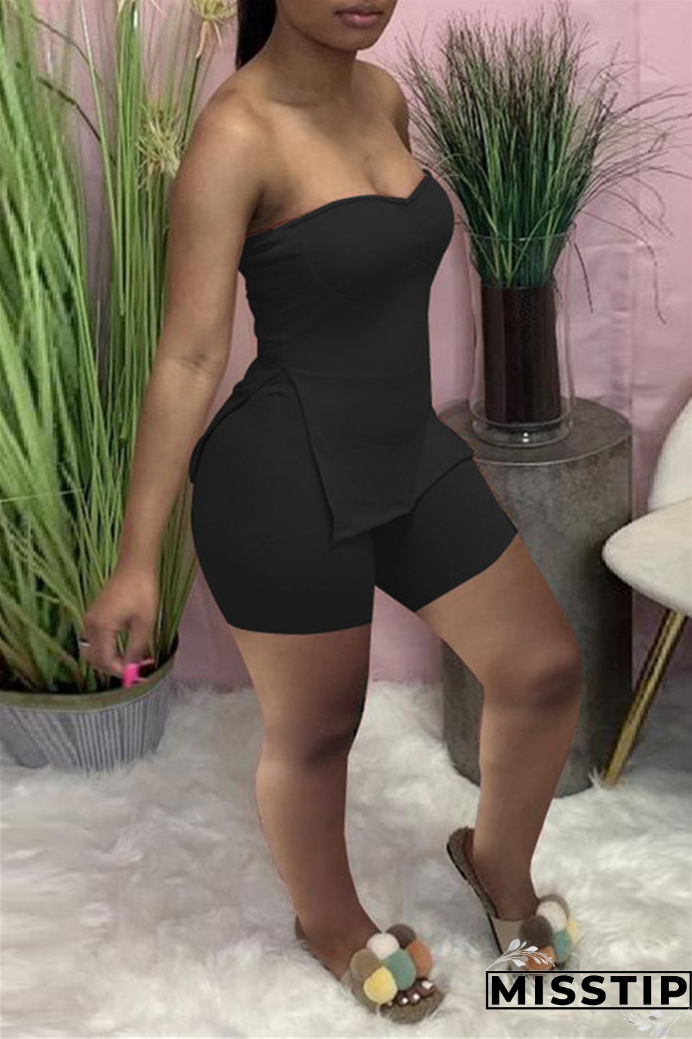 Coral Powder Sexy Casual Solid Backless Slit Strapless Sleeveless Two Pieces