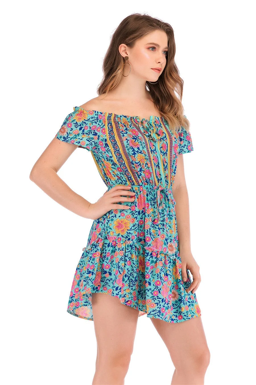 New Cotton Printed Off-the-shoulder Dress Real Shot Spot