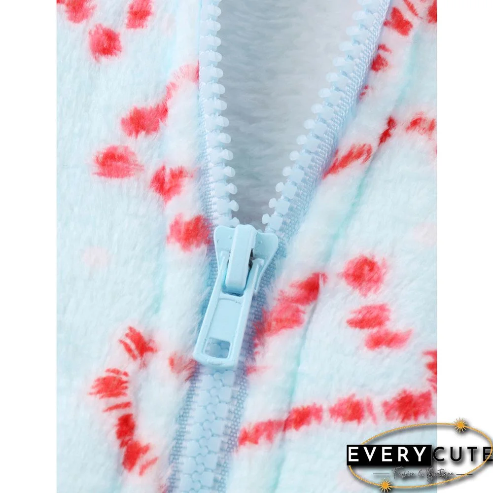 Light Blue Christmas Printed Hooded Zipper Lounge Jumpsuit