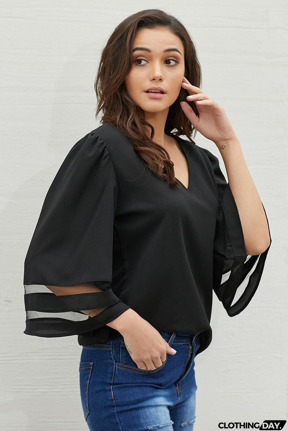 Black Flare Sleeve V Neck Loose Women's Chiffon Blouse