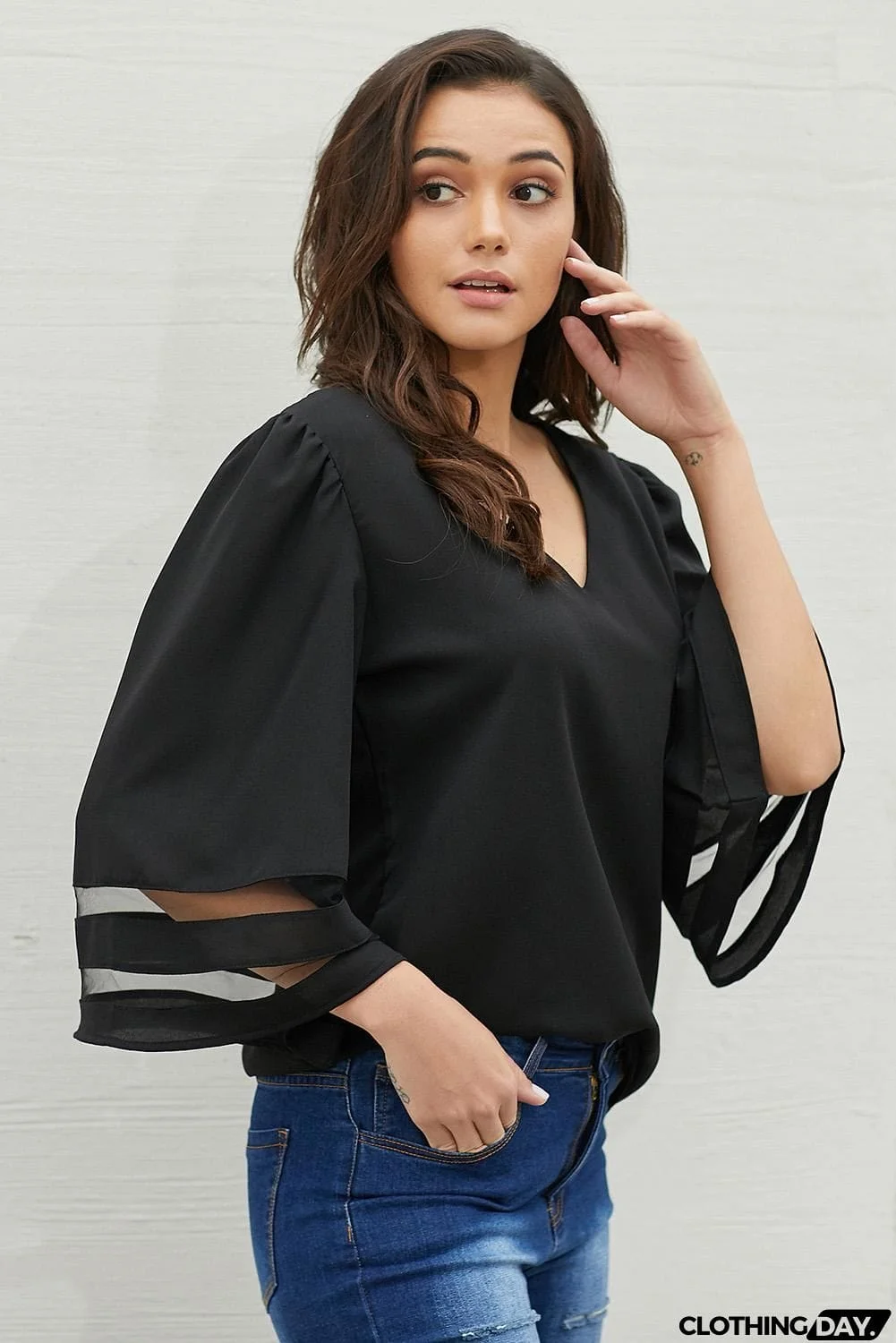 Black Flare Sleeve V Neck Loose Women's Chiffon Blouse