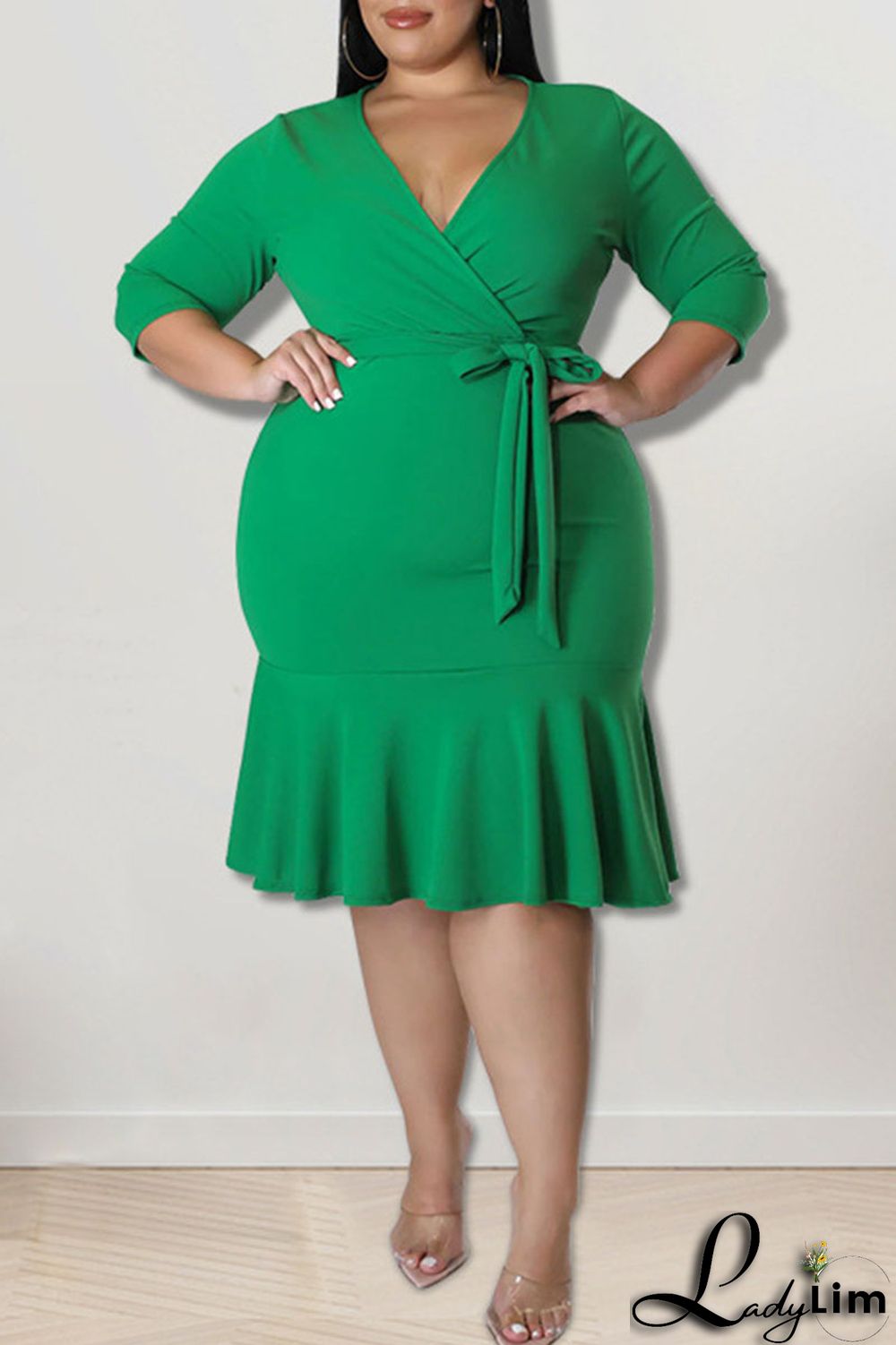 Black Casual Solid Bandage Patchwork Flounce V Neck Straight Plus Size Dresses