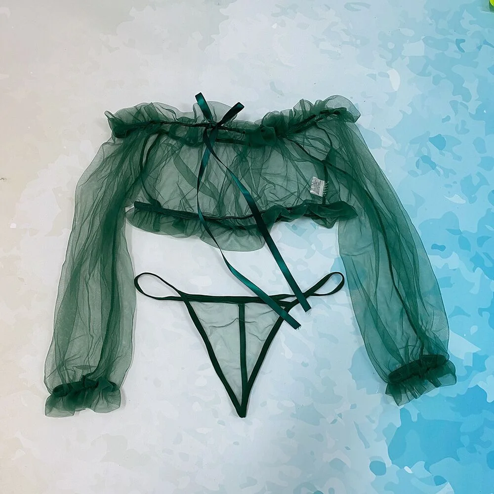 Billionm Mesh Sheer Lingerie Set Women Half Length Sleeve Top and Low Waist Thong G String Briefs See Through Open Cup Sexy Bra and Panty