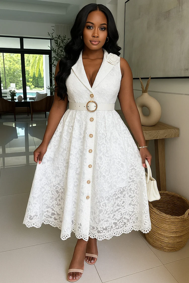 Lapel Collar Button Up Guipure Lace Sleeveless Maxi Dresses-White [Pre Order]
