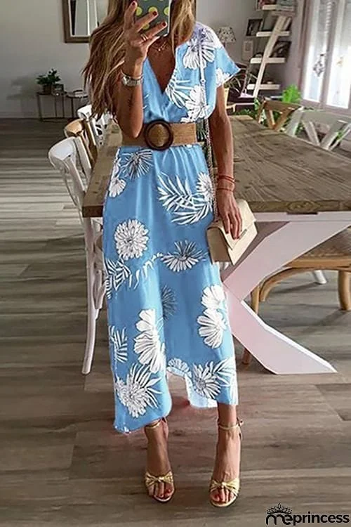 Floral Print V Neck Dress With Belt