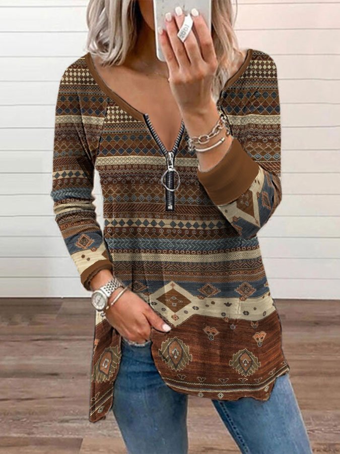 Women's western ethnic print V-neck T-shirt