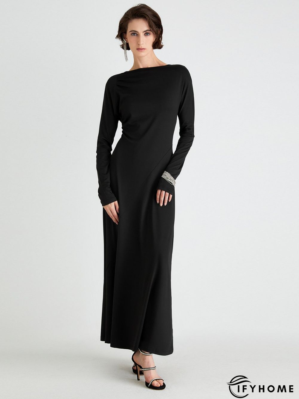 High Elasticity Regular Fit Plain Elegant Long sleeve Long Dress | IFYHOME