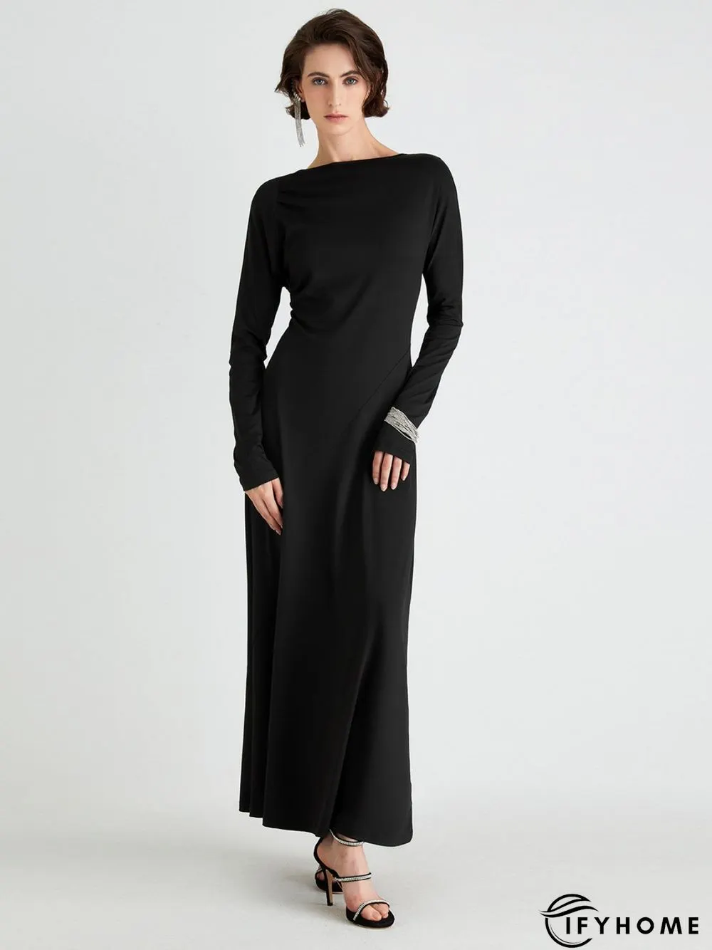 High Elasticity Regular Fit Plain Elegant Long sleeve Long Dress | IFYHOME