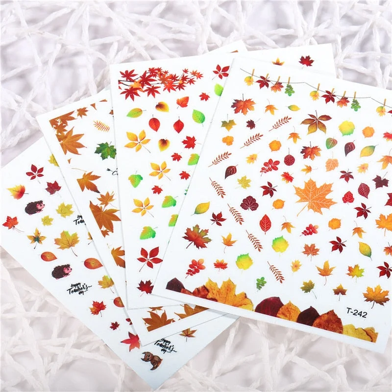1pcs Fall Maple Leaves Nail Stickers 3D Yellow Gold Fall DIY Sliders Nail Art Decoration Autumn  Adhesive Manicure Nail Decals-Nail Inspo