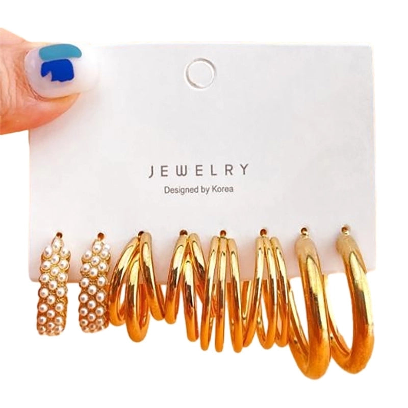 Retro Round Alloy Plating Artificial Pearls Women’s Earrings Ear Studs 6-piece Set