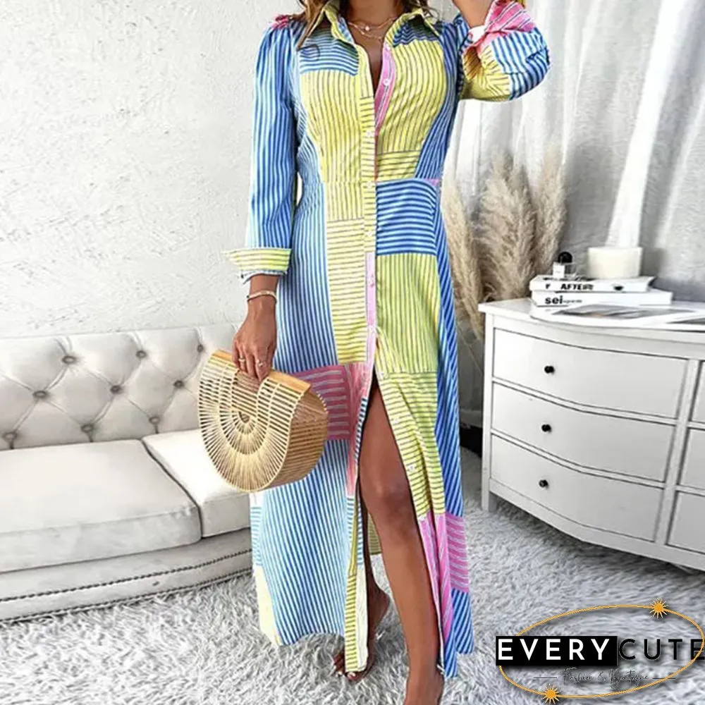 Fashion Blue Yellow Color Matching Striped Dress Ladies New Long Sleeve Lapel Maxi Shirt