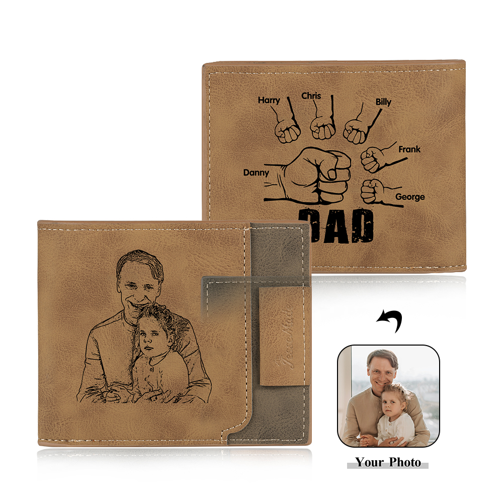 6 Names - Personalised Photo Custom Leather Men's Wallet as a Father's Day Gift for Dad