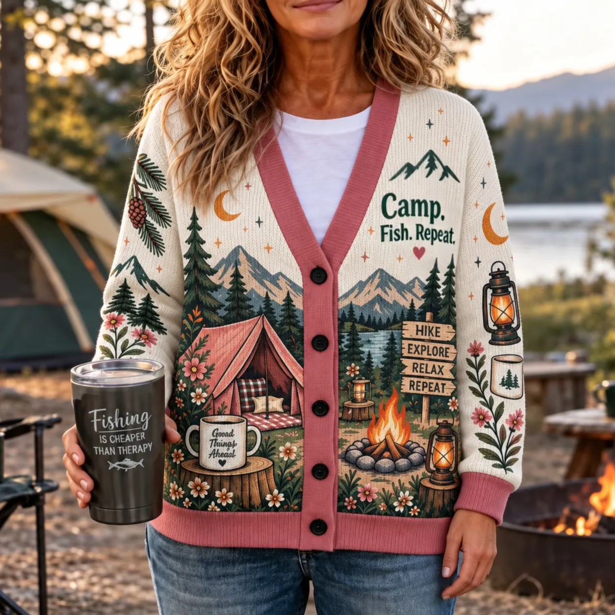 Comstylish Women's Retro Outdoor Camp. Fish. Repeat Print V-neck Cardigan