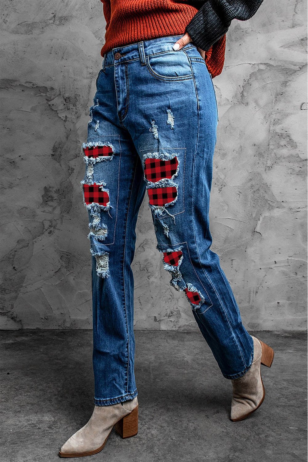 red plaid jeans