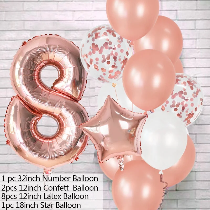 12Pcs Rose Gold Number Foil Latex Balloons Kids Adult Birthday Party Decoration 1st Birthday Gril Boy Decor Baby Shower Balloon