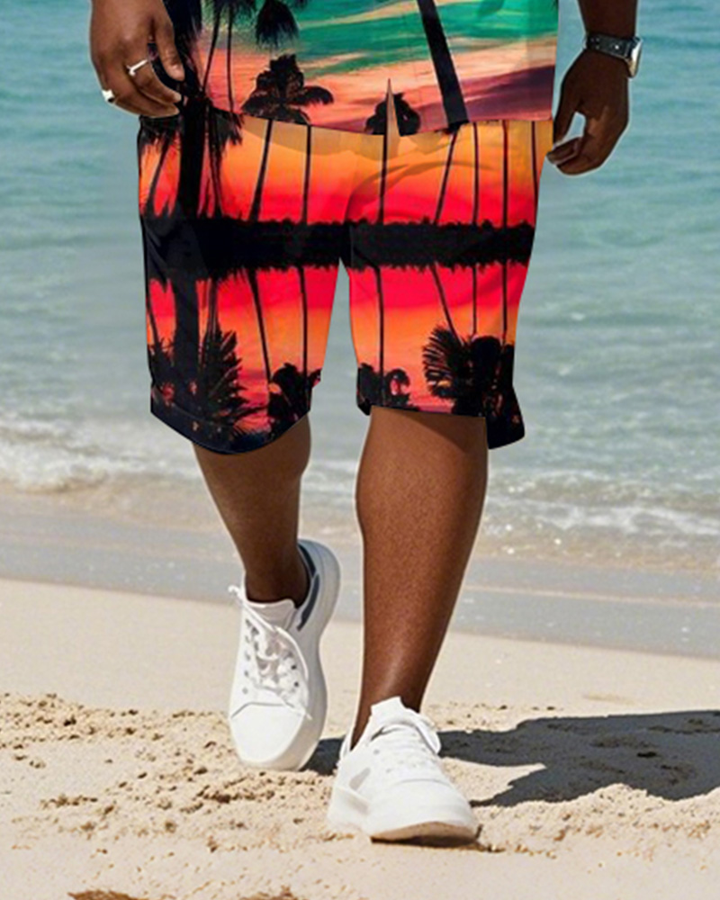 Men's Plus Size Hawaiian Rose Red Gradient Coconut Tree Print Shirt Shorts Suit