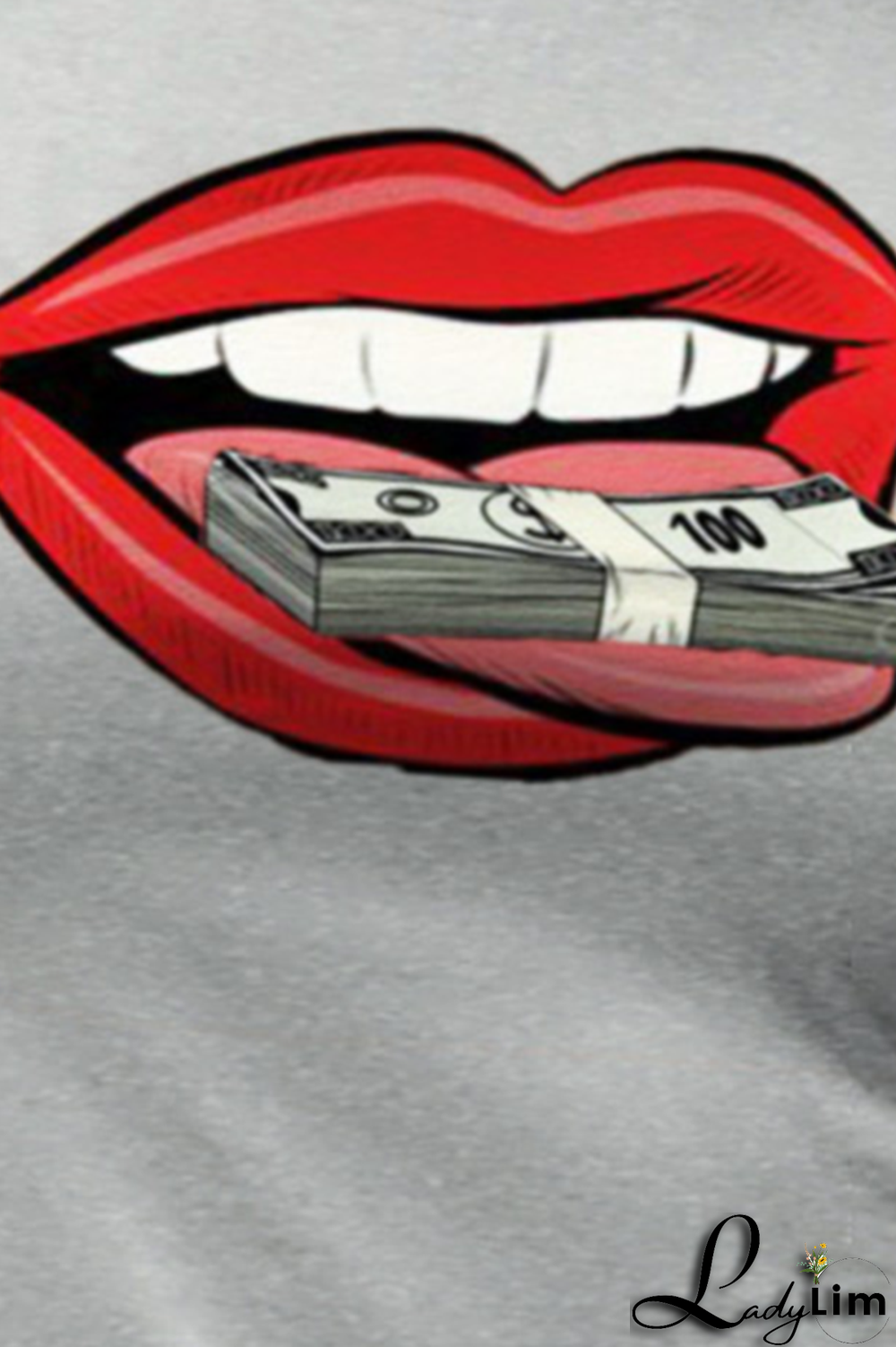 Grey Fashion Street Lips Printed Split Joint O Neck T-Shirts