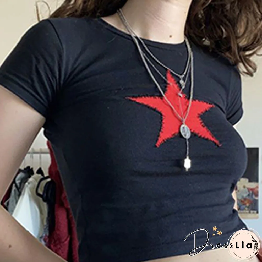 Egirl Star Pattern Crop Top Dark Academia Aesthetic Short Sleeve Tshirt Y2k Women Clothes Fairy Grunge Streetwear