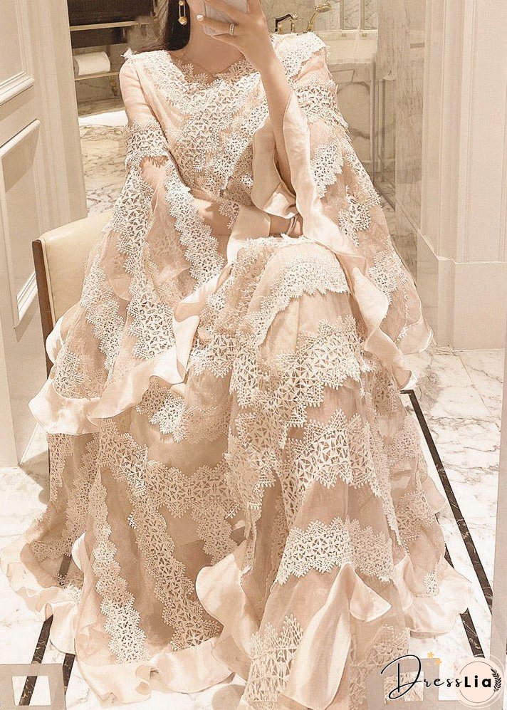 Women Apricot V Neck Patchwork Lace Maxi Dresses Long Sleeve