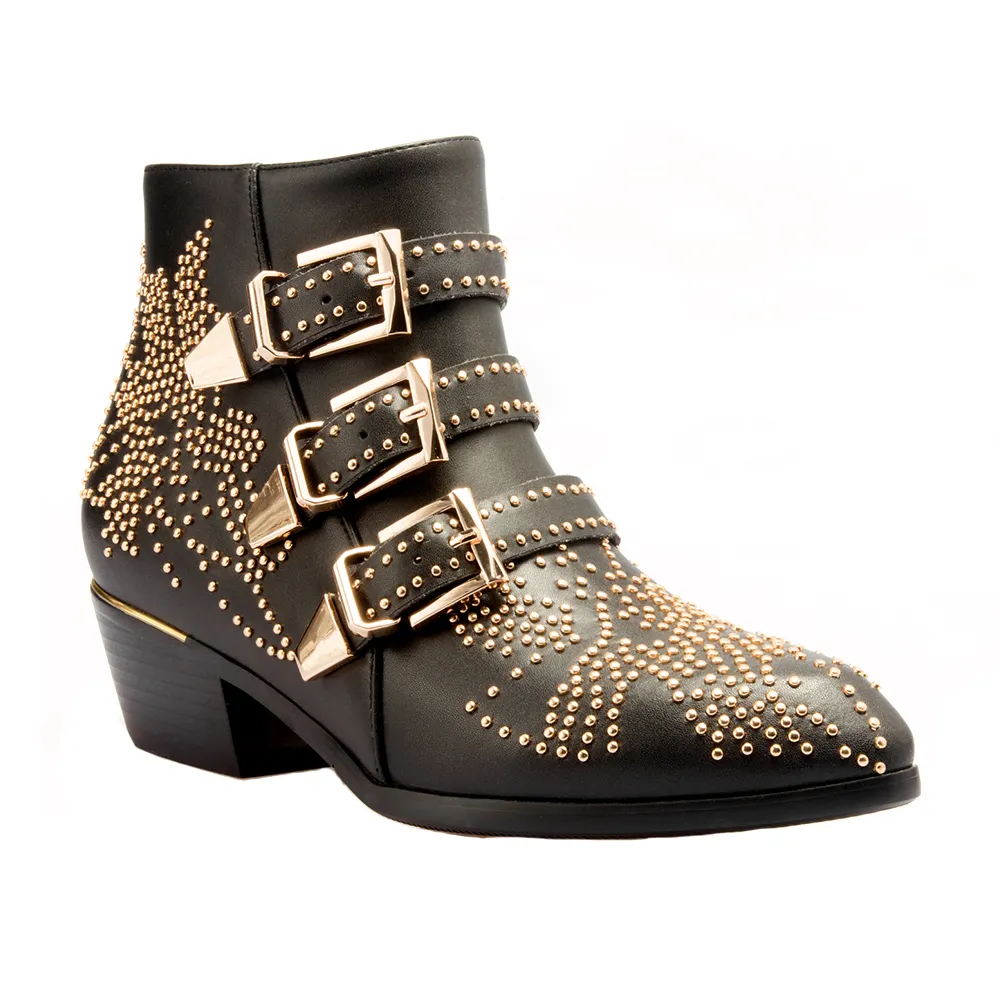 Women's Rivets Metal Buckle Low Heels Ankle Boots-vocosishoes